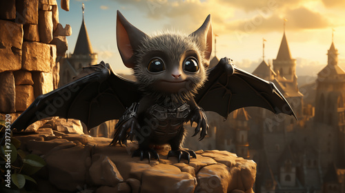 Baby batman, A cute black vampire bat with a castle background