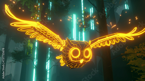 A cybernetic neon owl flies over a dark digital forest a guardian of VR secrets and hacker nemesis