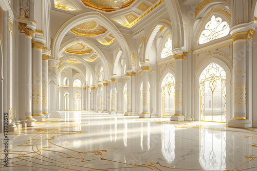Luxurious gold and white themed mosque interior with intricate designs, suitable for religious and cultural events.