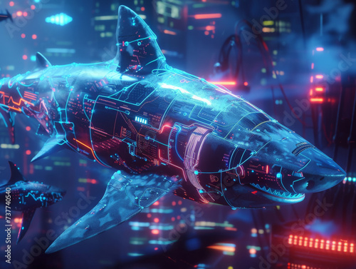 A neon infused cybernetic shark swims through dark data seas hunting malicious VR hackers with precision security