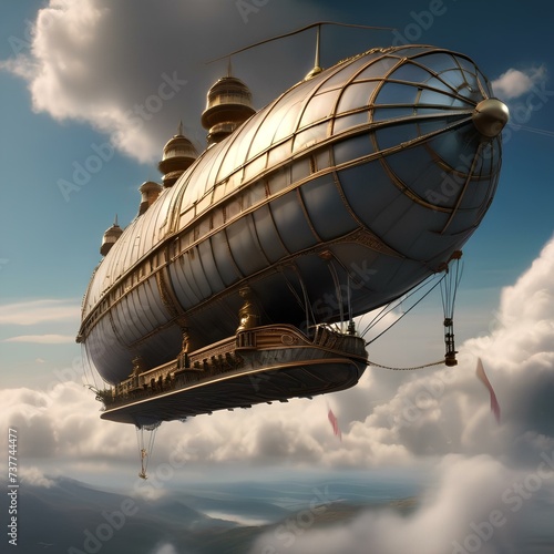 Fantasy airship, Magnificent airship soaring through the clouds with billowing sails and ornate steam-powered engines2
