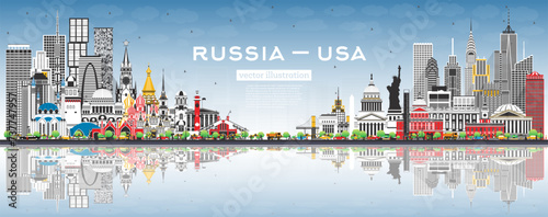 Russia and USA skyline with gray buildings and blue sky. Famous landmarks. USA and Russia concept. Diplomatic relations between countries.