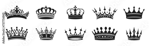Crowns vector illustration. King, queen tiara, princess diadem in style of hand drawn black doodle on white background. Corona silhouette sketch