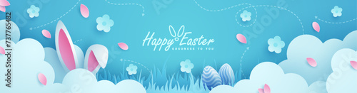 Joyous Easter holiday featuring eggs, rabbit ears, clouds and flowers against a vibrant backdrop and paper style. Suitable for greeting cards or party invitations.