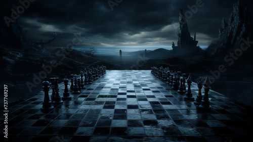 Chess board lying on the dark night.
