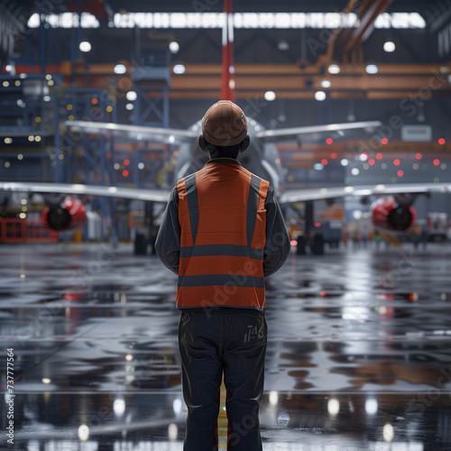 Ingénieur dans l'aérospatiale / aéronautique qui arrive sur le chantier d'un nouvel avion type Airbus A380, en construction en Europe. L'homme porte son équipement de sécurité, casque et vêtements