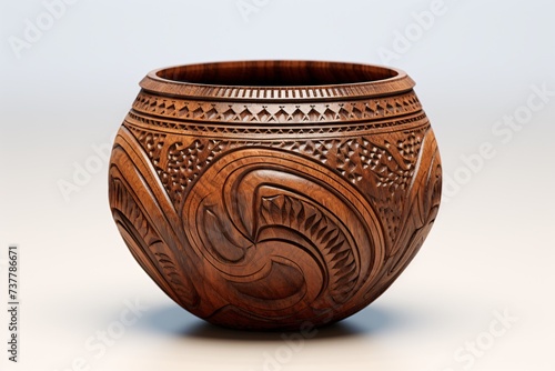 a carved wooden bowl with a white background