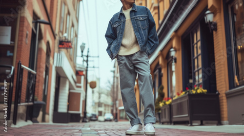 A laidback denim jacket layered over a soft knit sweater paired with tailored trousers and chunky sneakers for a comfortable yet stylish day look.