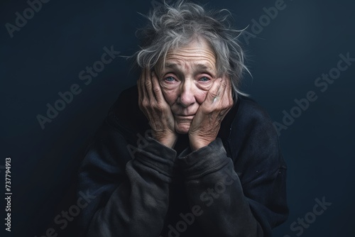 An older homeless woman, 65 years old, grappling with mental health challenges, emphasizing the vulnerability of homeless individuals on a solid muted navy background