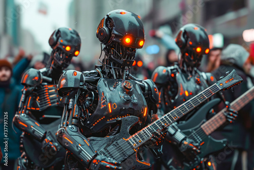 Group of robots with glowing red eyes and black bodies are playing guitar.