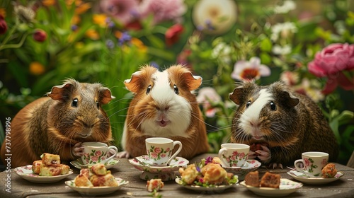 A trio of guinea pigs having a tea party, complete with tiny teacups and a miniature table set with treats. Fairy tale illustration. 