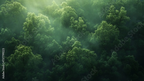 Emerald Forest in Morning Light - The forest awakens with the morning sun, casting a vibrant emerald glow over an expanse of trees.