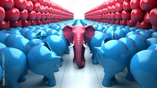Pink Elephant Standing in Front of Blue Elephants