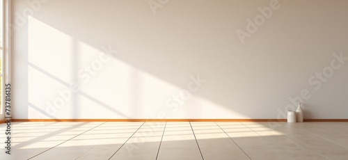 a white wall with brown trim and tile floor