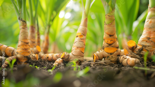 A detailed shot of a fullygrown turmeric plant with the thick rhizomes visible just below the surface of the soil.