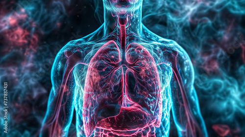 A detailed digital visualization of the human respiratory and digestive systems with a focus on internal organs.