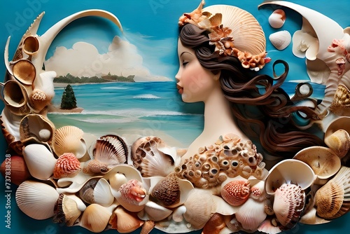 Sea shell art with girl of sea shells with beach