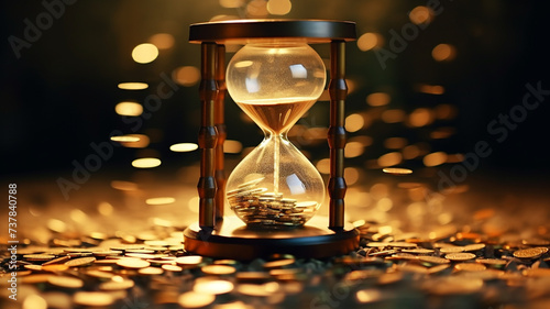 hourglass with sand and coins for time is money concept art