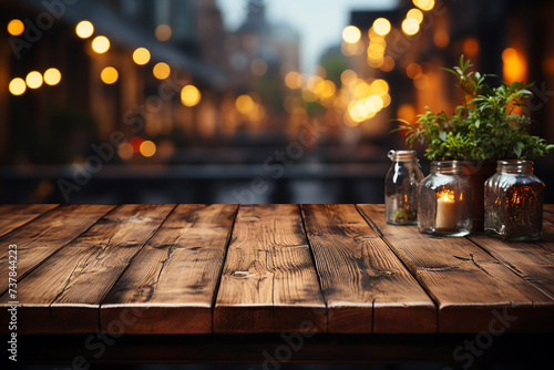 Empty wooden table for product placement or montage with blurred trees of nature park background