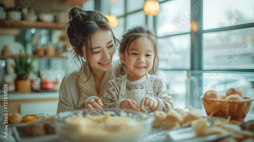 smilling mom and child enjoy love relation cudding hobby moment in kitchen sunday morning at hime mother and daughter helping prepare breakfast for her mom in modern white kitchen at home .
