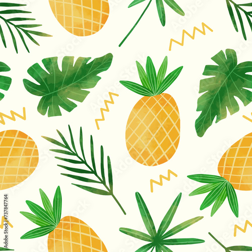 watercolor pineapple and tropical leaves seamless pattern