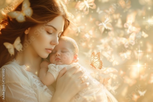 A dreamlike vision of a mother cradling her newborn child, bathed in ethereal light, surrounded by delicate butterflies representing the miracle of motherhood
