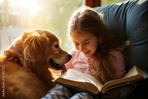 Child with disabilities confidently reading to their therapy dog, highlighting the positive impact of pets on mental health and well-being