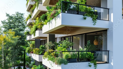 Modern and ecological skyscrapers with many trees on each balcony. Modern architecture, vertical gardens, terraces with plants