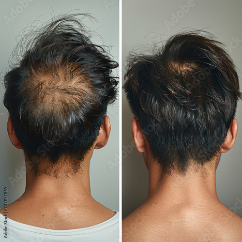 Before and after of a man with thinning or falling out hair, back right image This shows that the hair is noticeably thicker and healthier.