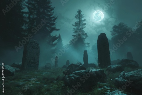 Deep within a forgotten forest, shrouded in mist, an ancient stone circle stands illuminated by the full moon.