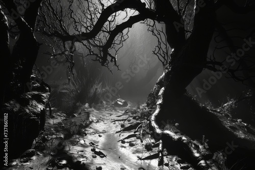Lead the viewer down a dark and winding forest path, where gnarled trees cast long shadows and strange creatures lurk in the undergrowth