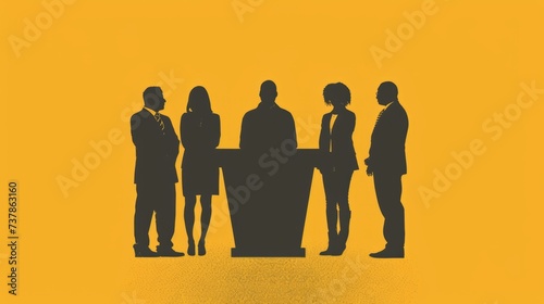 Equal Representation Podium: A silhouette of a podium with diverse individuals standing together, symbolizing equal representation and voices being heard in decision-making processes. 