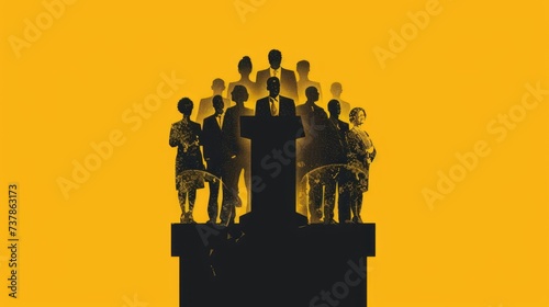Equal Representation Podium: A silhouette of a podium with diverse individuals standing together, symbolizing equal representation and voices being heard in decision-making processes.