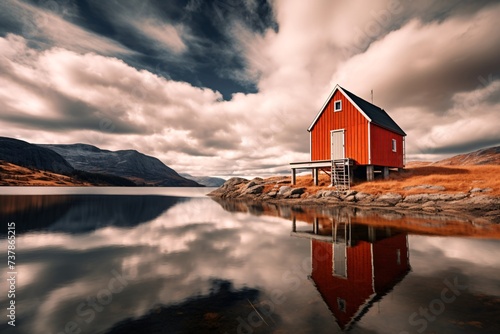 a red house on a hill next to a body of water