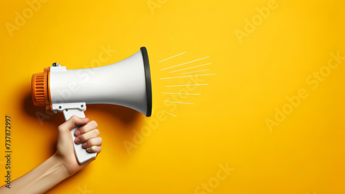 Hand Holding Megaphone Yellow Background Advertisement