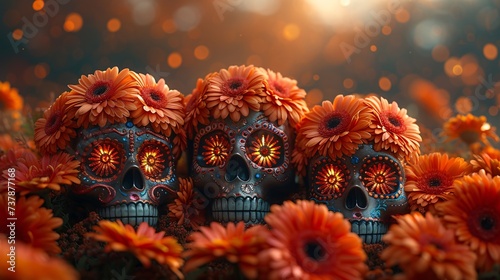 Skeleton Skulls with Flower Crowns A Creepy Cute Halloween Decoration Generative AI