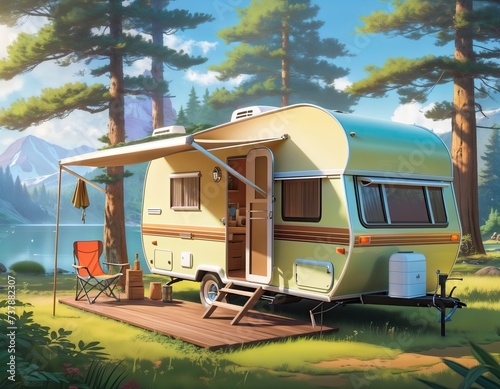 small yellow camper is parked in a forest near a lake, with a wooden deck and awning set up outside. The scene is peaceful and picturesque.