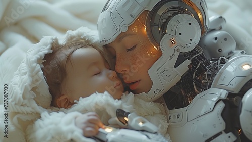 A Caucasian mother and her newborn baby are looked after by a humanoid android robot with artificial intelligence that also serves as a housekeeper.