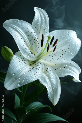 White Lily with Dewdrops. Pristine white lily adorned with fresh dewdrops.