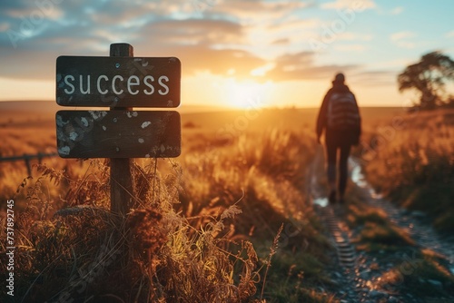 a person standing confidently in front of a signpost labeled "success" symbolizing the clear direction and purpose guiding decision-making in the businessg in the businesS