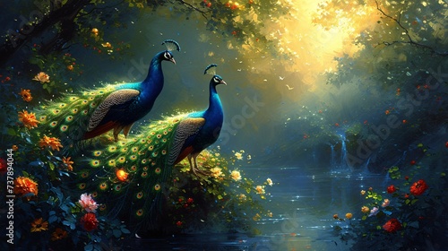Peacocks in Paradise A Serene Scene for the Month of April Generative AI