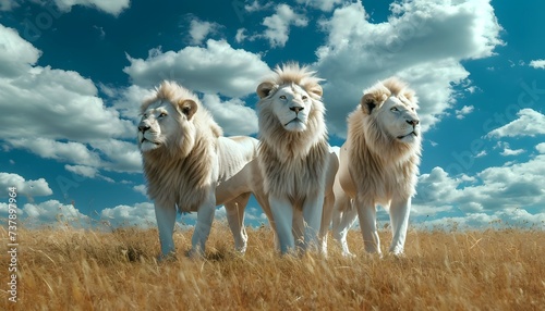 three white albino lions strong pride African savanna 