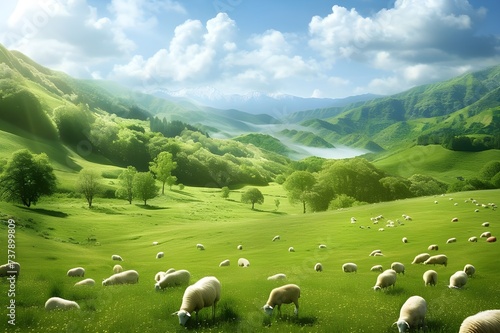 sheeps grazing on the mountains in sunlight