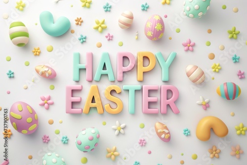 Happy Easter Eggs Basket merrymakers. Bunny in baptism card flower Garden. Cute 3d Pollen easter rabbit illustration. Easter red tulip card wallpaper Scripted sentiment