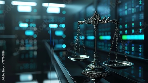 Law Scales on Background of Data Center. Digital