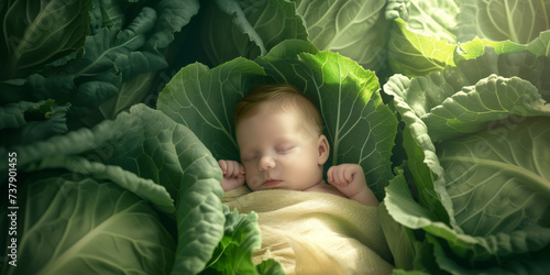 Cute newborn baby lying among cabbage heads in cabbage patch. Myths and folklore stories about where babies come from.