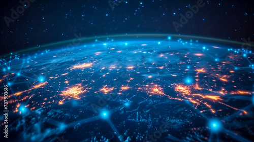Dramatic illustration of Earth's network connectivity with a futuristic global Wi-Fi 7 wireless system, glowing city lights, and interconnected nodes from space