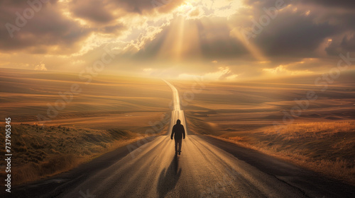 In a dreamlike landscape, a solitary figure walks along an endless road that stretches into infinity