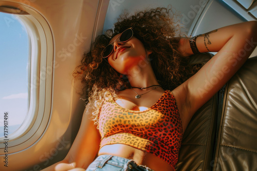 a woman traveling on an airplane, embracing the thrills of exploration and wanderlust