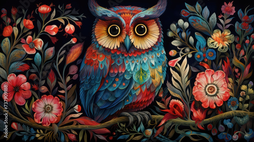 an owl scene in a field of colorful flowers